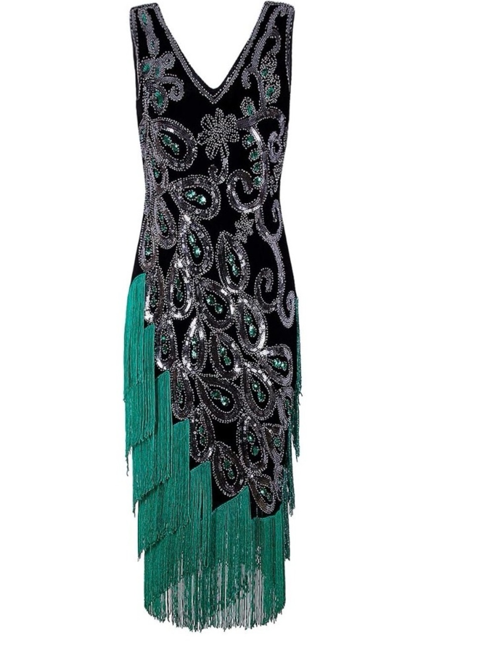 VIJIV Vintage 1920s Style Peacock Sequin Roaring 20s Gatsby Flapper Dress